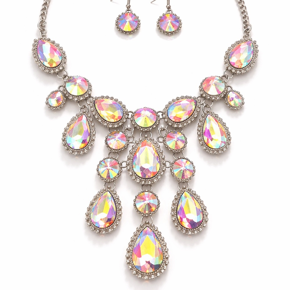 Radiant Aurora Set – Cascading Iridescent Crystal Bib & Matching Drop Earrings